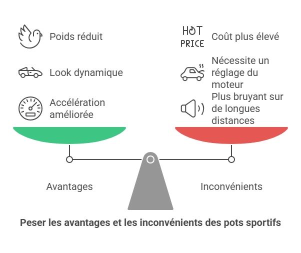 Infographie sur les avantages et les inconvénients d'un pot sportif sur un scooter